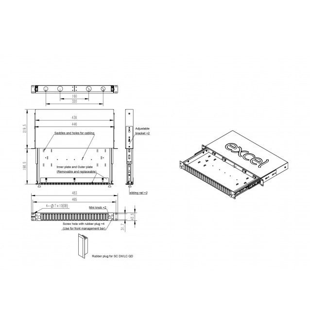 Caja empalme FO rack 19" 1UA vacía para 24 adaptadores SC's SIMPLEX / LC's DUPLEX. Excel