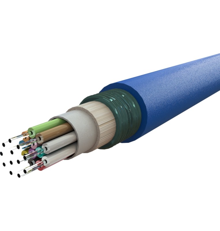 Cable fibra óptica exterior multimodo. Armadura metálica CST, cubierta LSZH  color Azul