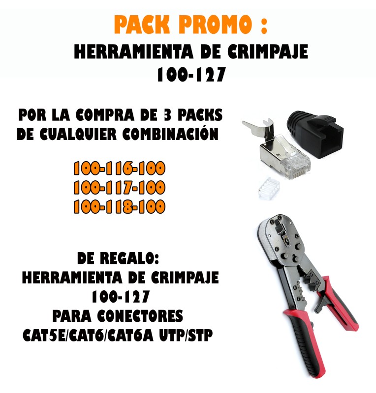 Pack Promo: Por la compra de 3 Packs de cualquier combinación 100-116, 100-117, 100-118, regalo de 1 crimpadora Excel RJ45 UTP